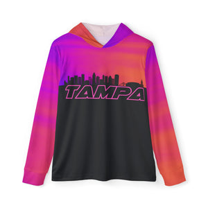 Open image in slideshow, Men&#39;s Sports Warmup Hoodie - Vibrant Tampa Skyline Design
